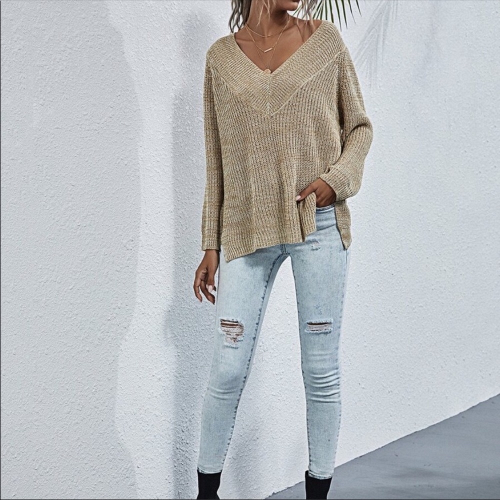 V Neck Sweater Top-khaki - Picture 3 of 16